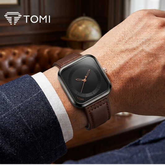TOMI T-093 Elegant Square Dial Watch for Men - Dark Brown