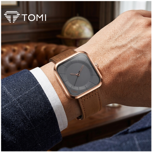 TOMI T-093 Elegant Square Dial Watch for Men - Golden Brown