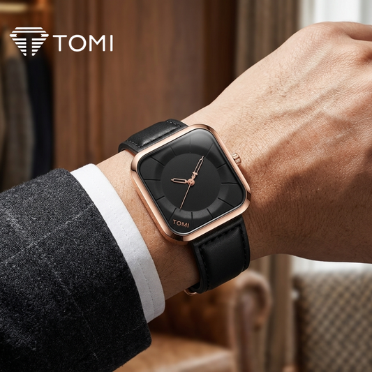 TOMI T-093 Elegant Square Dial Watch for Men - Golden Black
