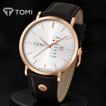 TOMI T-019 Classic Day Date Analog Watch for Men - Golden Brown