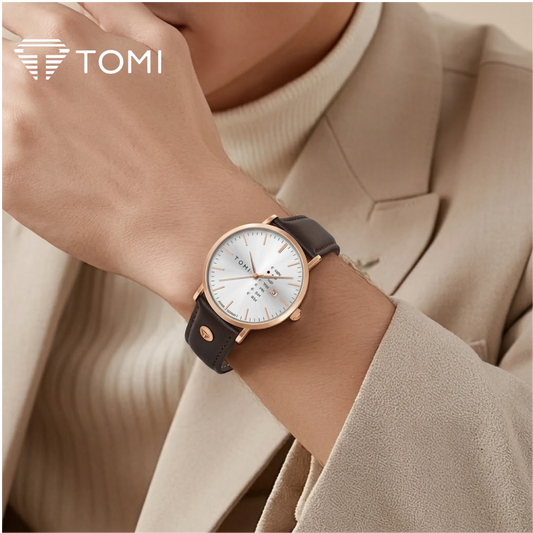 TOMI T-019 Classic Day Date Analog Watch for Men - Golden Brown