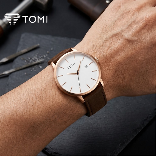 TOMI T-071 Timeless Edition Round Dial Watch with Date – Rose Gold Brown
