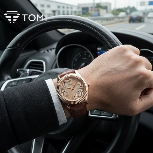 TOMI T-098 Round Dial Date Watch for Men – Golden Brown