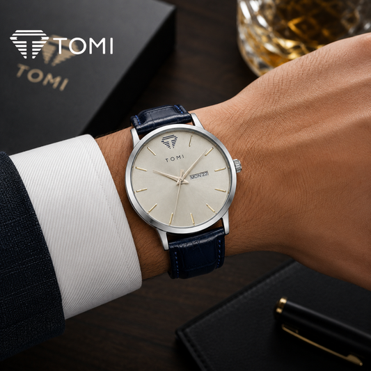 TOMI T-045 Day & Date Classic Watch for Men - Silver Blue