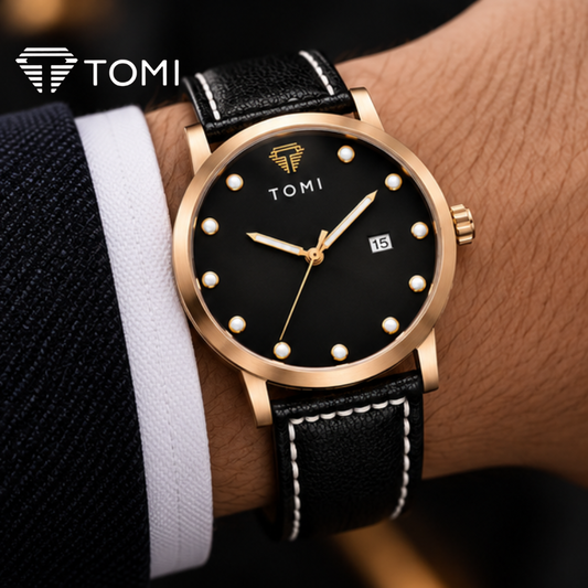 TOMI T-074 Signature Elegance Men's Classic Quartz Watch - Golden Black