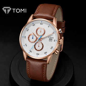 TOMI T-601 S6 Series Executive Chronograph Watch Cufflinks & Tie Pin - Golden Brown