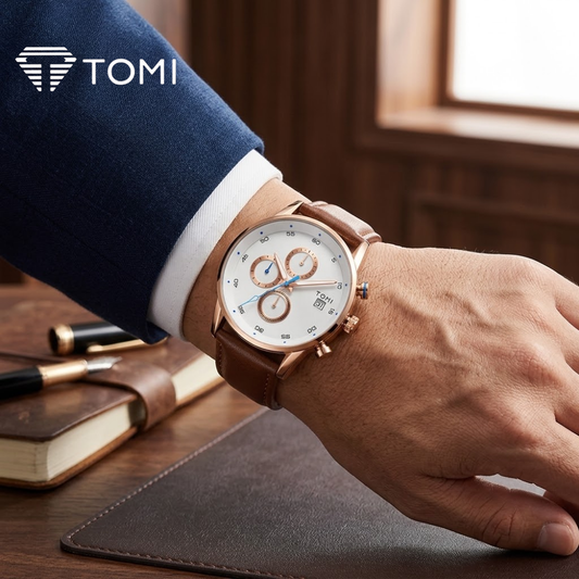 TOMI T-601 S6 Series Executive Chronograph Watch Cufflinks & Tie Pin - Golden Brown