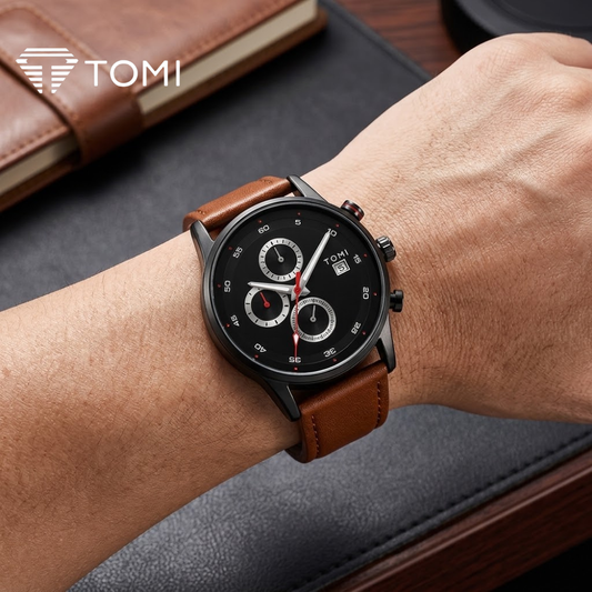 TOMI T-601 S6 Series Executive Chronograph Watch Cufflinks & Tie Pin - Black Brown