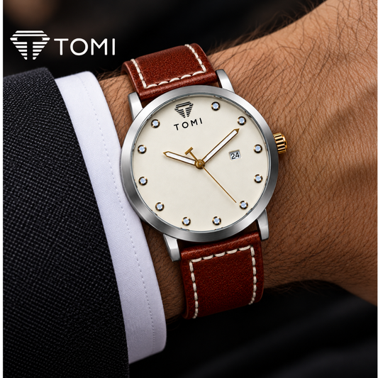 TOMI T-074 Signature Elegance Men's Classic Quartz Watch - Silver Brown