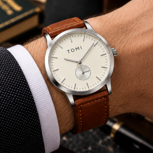 TOMI T-073 Down Second Display Men's Slim Quartz Watch - Silver Brown