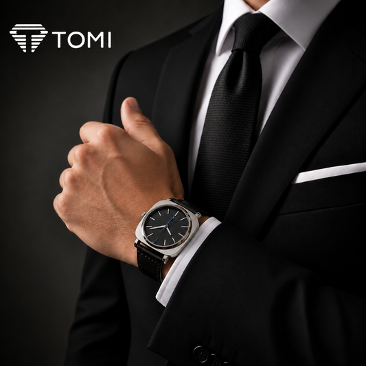 TOMI T-084 Classic Luxury Quartz Date Watch — Silver Black